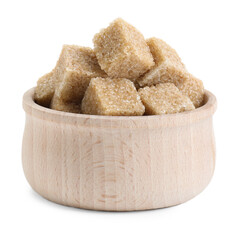 Brown sugar cubes in wooden bowl isolated on white