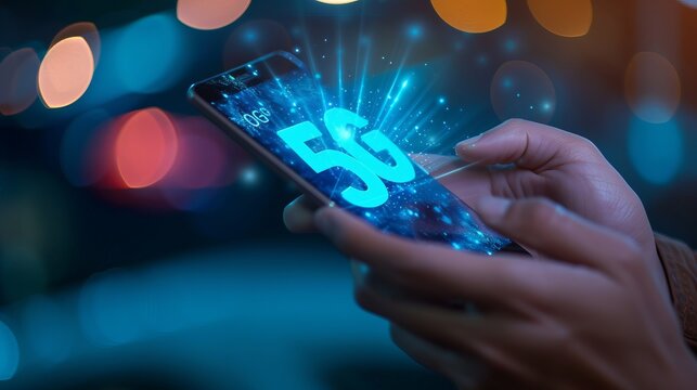 Interactive holographic 5g text icon over mobile phone with copy space for text placement