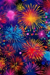 Big display of colorful fireworks, in the style of pattern designs, free brushwork, eye-catching composition, decorative backgrounds, precisionist lines. Happy New Year celebration, multicolor design.