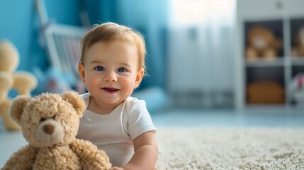 Closeup of a beautiful and cute toddler boy, male infant or newborn baby sitting on the floor in his blue room interior, on the soft and comfortable carpet. Holding a teddy bear, smiling at the camera