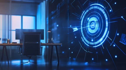 Tuinposter Arrow hitting the center of the virtual, digital hologram target in empty modern office room interior. Business growth strategy success, income rising, progress and achievement for a company economy © Nemanja