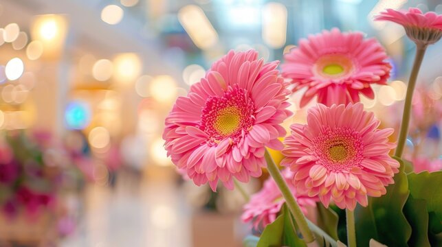 Close-up of Pink Gerbera Flowers in mall with blur background. generative AI image