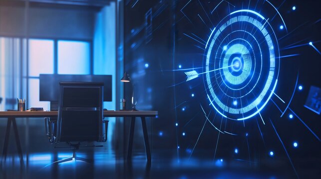 Arrow hitting the center of the virtual, digital hologram target in empty modern office room interior. Business growth strategy success, income rising, progress and achievement for a company economy