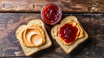 Top view or above shot of the glass jar full of fruit jam, peanut butter and sweet jam spread on the two homemade brown whole grain wheat bread slices, placed on the wooden kitchen table. Sandwich