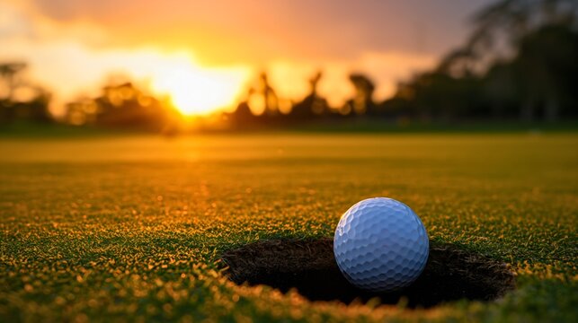Closeup low angle of a white golf ball on grass, falling into the hole during the sunset on the summer day on the golf course field. Leisure time activities, sport recreation outdoor,nobody,copy space