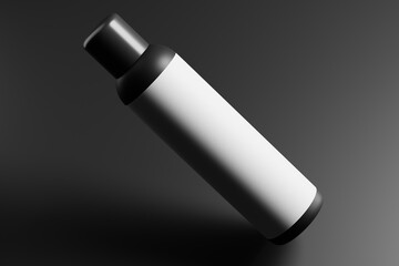 cosmetic bottle packaging mockup set featuring a tall, slim, black color plastic bottle with a screw cap.