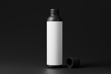 cosmetic bottle packaging mockup set featuring a tall, slim, black color plastic bottle with a screw cap.