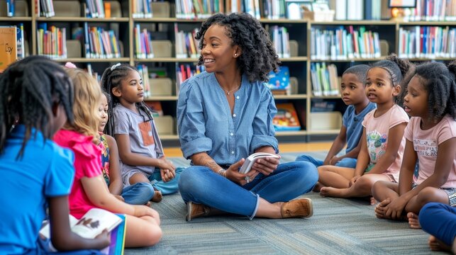 Teacher reading to diverse kids in circle on library floor, captivated by storytelling session. - Powered by Adobe