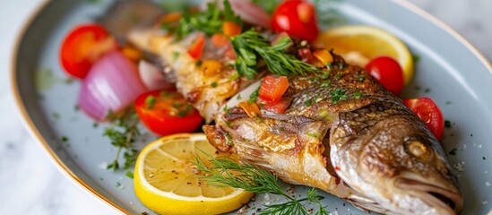 Delicious plate of grilled fish with fresh tomatoes and lemons, a perfect seafood dish for a healthy meal