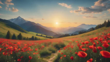 Zelfklevend Fotobehang mountain landscape, blue sky, bright sun, field of poppies, illustration in vintage poster style © Muhammad