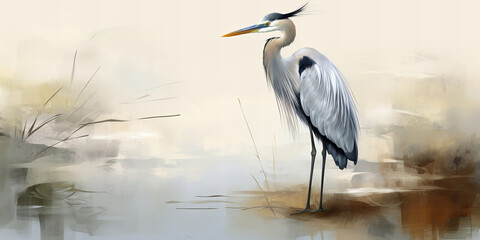 Majestic Heron: Natures Graceful Banner Against a Misty Watercolor Backdrop at Dawn - obrazy, fototapety, plakaty