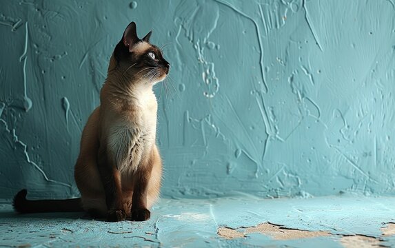 Siamese Cat Sitting in Front of Blue Wall