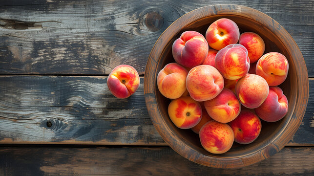 Wooden bowl with peaches on an empty wooden plank back, Generative Ai. A rustic display of fresh peaches in a wooden bowl, adding warmth and charm to any kitchen setting.

