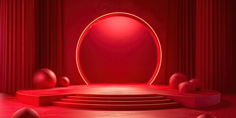 A product display podium on a stage illuminated by a red light, with a prominent red circle
