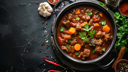 Tasty goulash in a pot on a beautiful dark background, simmering slowly to perfection. Enjoy the rich aroma and hearty flavors., Generative Ai

 - obrazy, fototapety, plakaty