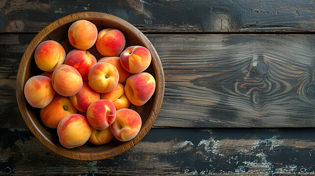 Wooden bowl with peaches on an empty wooden plank back, Generative Ai. A rustic display of fresh peaches in a wooden bowl, adding warmth and charm to any kitchen setting.

