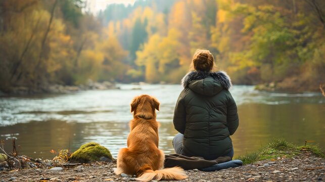 Rearview of a young woman sitting with her Golden Retriever dog breed pet on the rocky ground near the lake or river water outdoors. Human's best friend, friendship, loyalty and trust, nature leisure