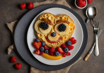 creative composition with breakfast food. breakfast food in the shape of a face, heart or an interesting pattern.