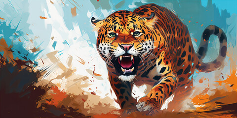 Majestic Roaring Tiger Banner: Dynamic Art of Wildlife in Abstract Explosive Color Symphony.