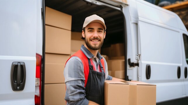 Young delivery man, wearing a cap and a uniform, smiling and carrying or holding a box. Courier service or job career, happy male responsible for shipping, van full of orders packages, male employee