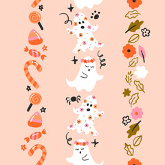 Cute Halloween Items Vector Seamless Vertical Borders Set