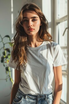 Young woman wearing a white casual t-shirt. mock up for tshirt print store. ai generated