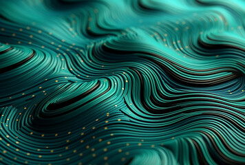 Rich dark green color modern material texture with flowing wavy liquid ripples and gold dot touch illumination  - obrazy, fototapety, plakaty
