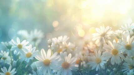 Portrait white daisy blossom flower field with sunshine on blur background. generative AI image