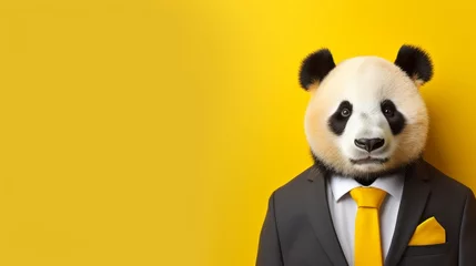 Poster Anthropomorphic panda in business attire pretending to work in corporate setting with copy space © Ilja