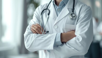 Doctor wearing stethoscope in hospital on white blurred background with copy space