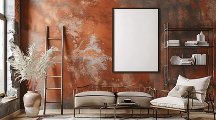A mockup poster blank frame hanging on a rustic terracotta feature wall, above a minimalist ladder bookcase, Minimalist-style living area