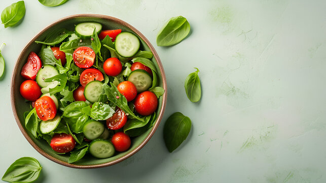 Salad with tomatoes, cucumbers, and green leaves in a bowl, refreshing summer delight. Generative Ai

