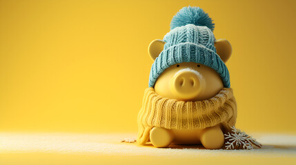 Yellow piggy bank with hat on empty yellow background, Generative Ai - Save your pennies with style and flair! A delightful addition to your savings routine.

 - obrazy, fototapety, plakaty