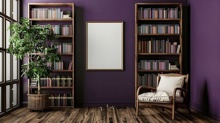 A mockup poster blank frame hanging on a rich purple feature wall, above a classic wooden bookshelf, Minimalist-style living area