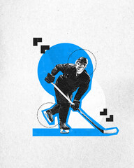 Poster. Contemporary art collage. focused hockey player defender with key training in action. Grainy fabric effect. Concept of professional sport, championship, tournament, active games, motion. Ad