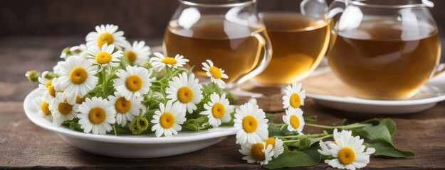 Obraz na płótnie Canvas Chamomile Herbal Tea in Glass Cups with Fresh Daisy Flowers