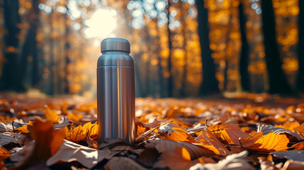 Thermo flask with autumn leaves against a beautiful autumn backdrop, showcasing tranquility and warmth amidst nature's embrace, Generative Ai.

 - obrazy, fototapety, plakaty