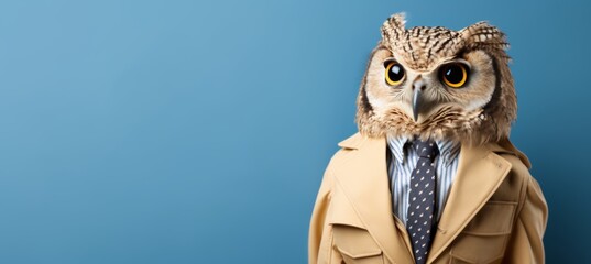 Corporate owl in business attire working in studio setting with copy space on plain wall