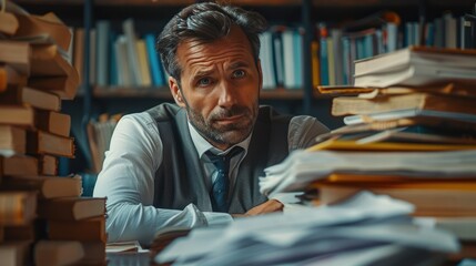 Man Sitting in Front of Pile of Books