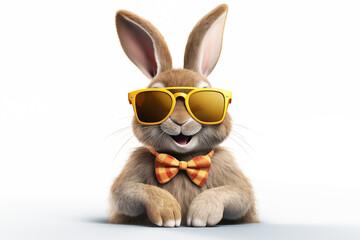 Cute, funny easter bunny, easter rabbit, wearing sunglasses and bow tie. Photorealistic rendering, isolated, white background. Outstanding, funny template for easter greetings, postcards, invitations
