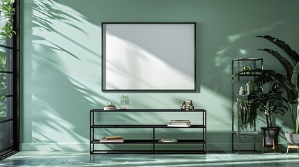 A mockup poster blank frame hanging on a refreshing mint green accent wall, above a chic metal shelving unit, Minimalist-style living area