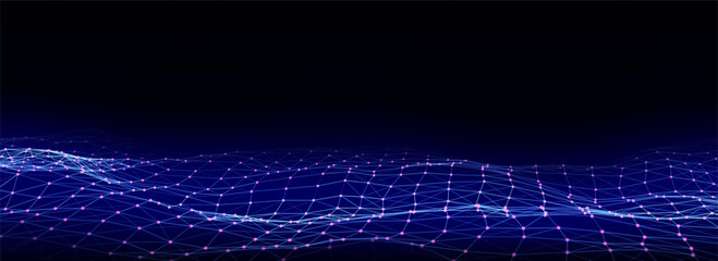 Colorful wave with motion dots and lines. Abstract vector digital background. Concept connection big data. Futuristic technology backdrop.