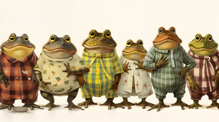 パジャマを着たかわいい蛙のグループのイラスト - obrazy, fototapety, plakaty