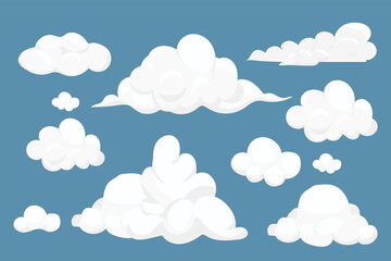 Set fluffy clouds simple cute design isolated on blue background. Collection weather soft object, design element.