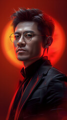 Handsome bespectacled Chinese man, company president, in a dark, techno-chic suit Generative AI