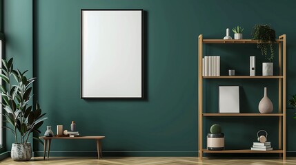 A mockup poster blank frame hanging on a deep forest green wall, above a trendy open-back bookcase, Minimalist-style living area