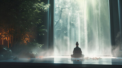 Zen concept of tranquility in a peaceful forest, surrounded by nature's harmony and serenity, Generative AI.
