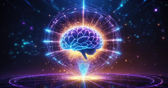 Artificial intelligence (AI) - hologram view concept of data mining, deep learning modern computer technologies. Futuristic Cyber Technology Innovation. Quantum computing, mind concept. HUD, FUI.
