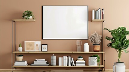 A mockup poster blank frame hanging on a cozy taupe feature wall, above a modern floating bookcase, Minimalist-style living area