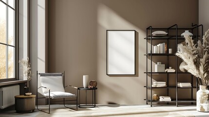 A mockup poster blank frame hanging on a cozy taupe feature wall, above a minimalist metal shelving unit, Minimalist-style living area